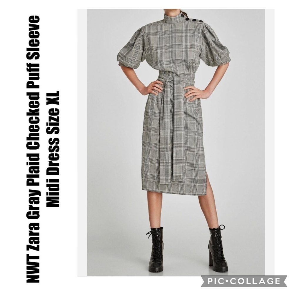 Zara Gray Plaid Checked Puff Sleeve Midi Dress Size XL